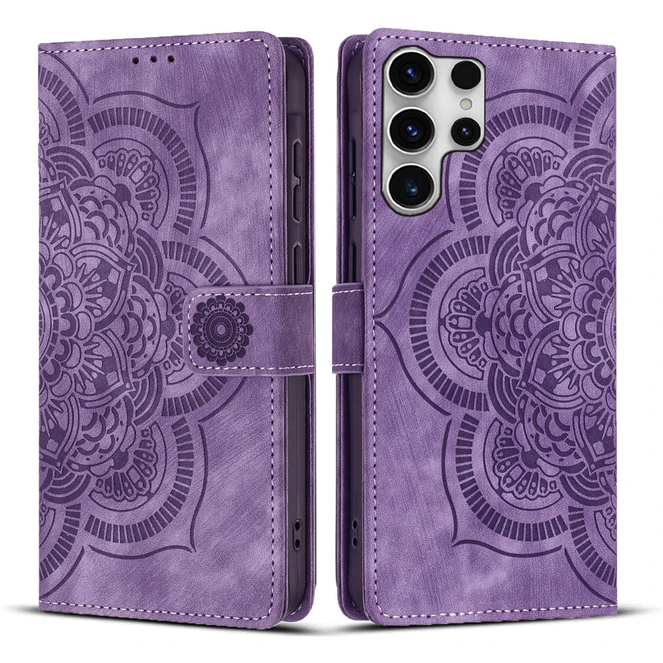 3D Embossed Flower Leather Phone Wallet Case Book For Samsung Galaxy S25 Edge S24 Ultra S23 Plus S22 S21 FE A16 A56 Flip Cover