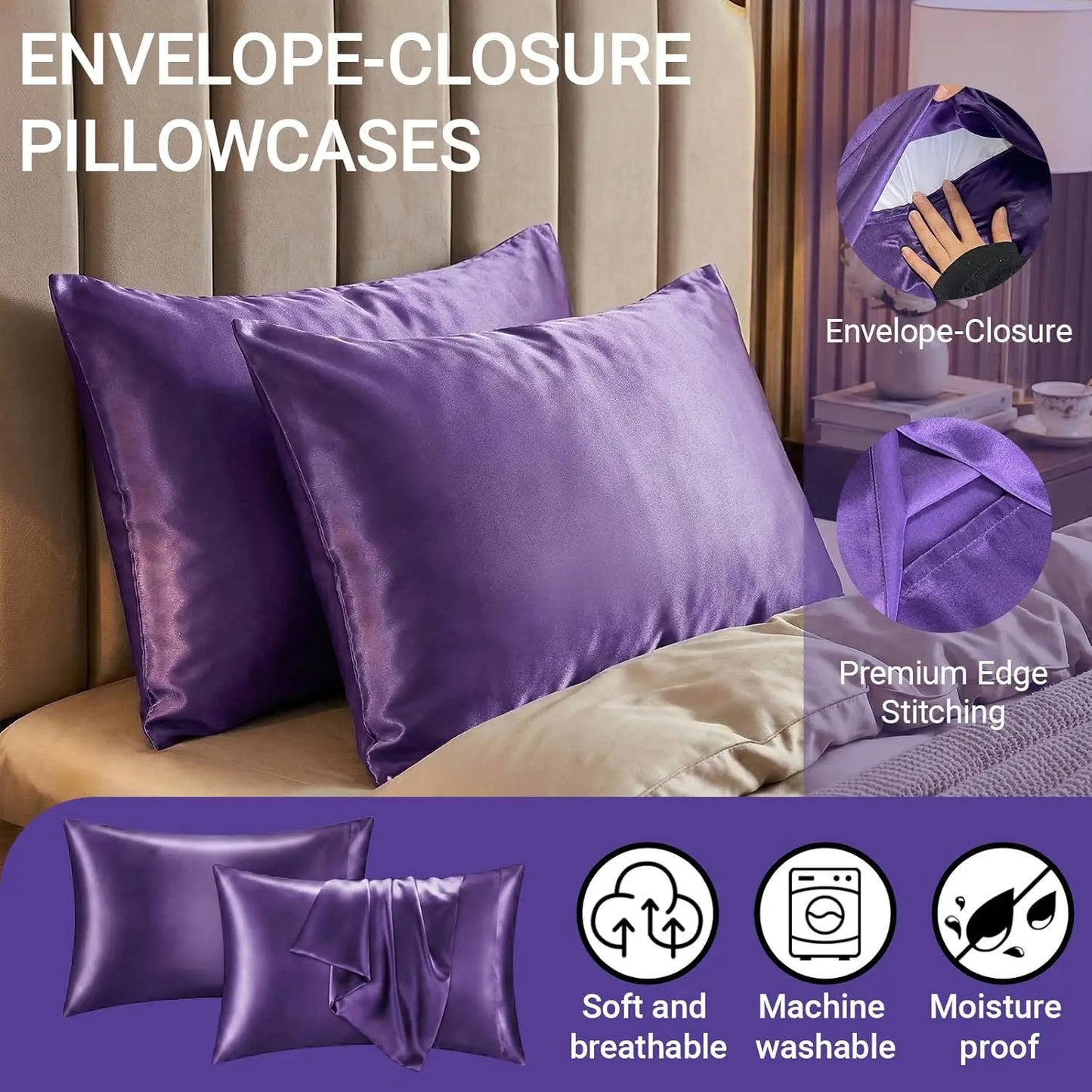 2 Pack Satin Cooling Pillowcases, King Size 20x36 inch
