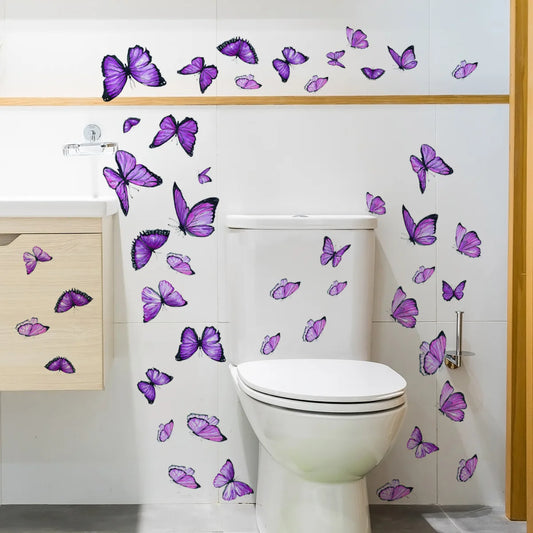 New Design Purple Butterfly Decorative Wall Stickers for Toilet Sink Bathtub Balcony Background Self-Adhesive Wall Decals
