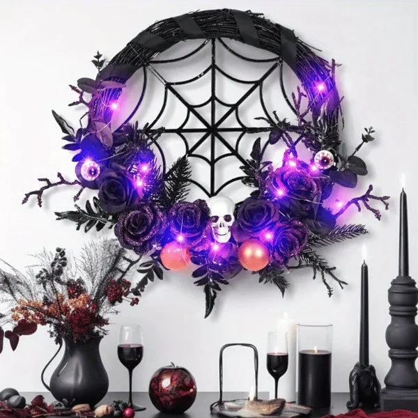 1pc, Prelit Halloween Skull Wreath For Front Door Decor, 20 LED Purple Lights Battery Operated Skeleton
