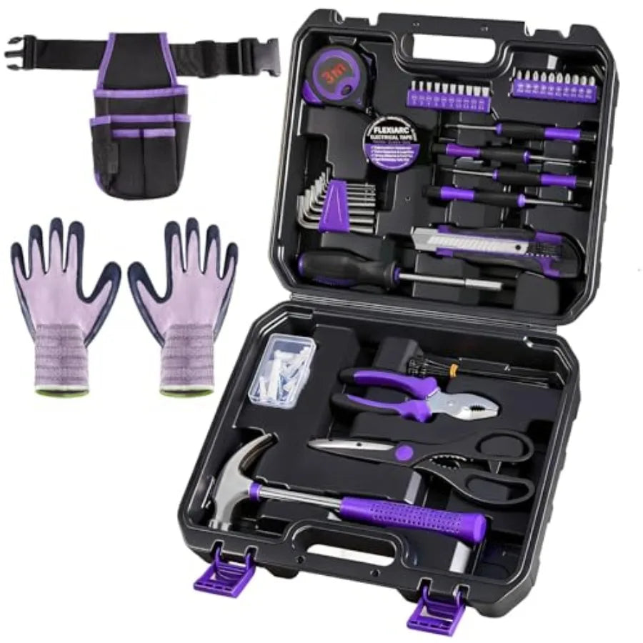 General Household Tool Set - Purple Hand Tool Kit with Waist Pouch and Gloves Tool Kit for home repair