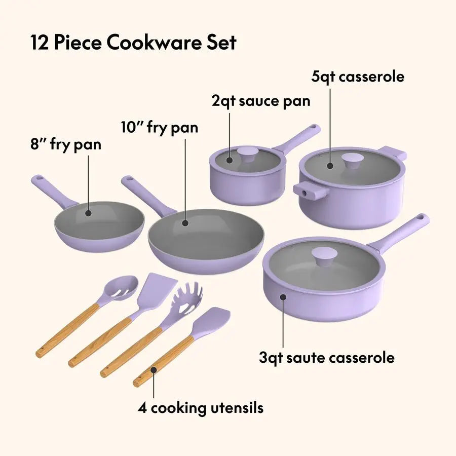 12 Piece Cookware Set w EverGood Ceramic Nonstick Coating and Silicone & Wood Utensils, Dishwasher Safe