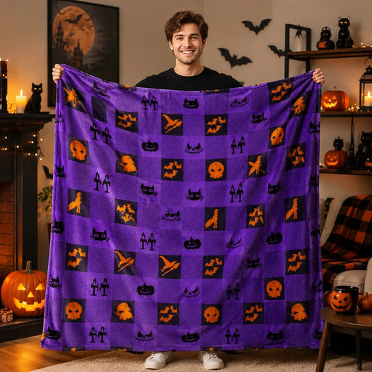 Touchat Halloween Blanket, Fleece Throw Blankets, Checkered Throw, Purple